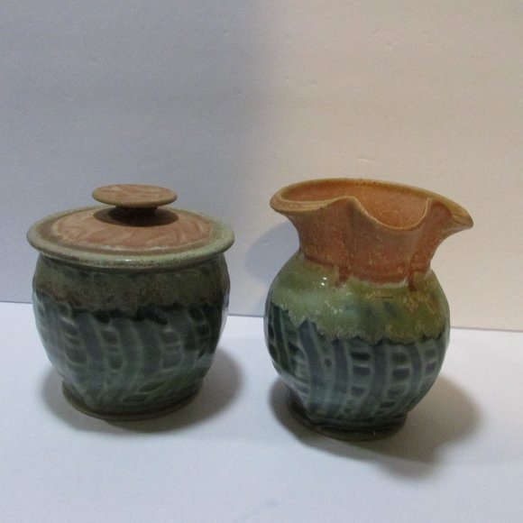 vtg green glazed pottery sugar bowl and creamer set nature tones boho table set - Picture 5 of 8